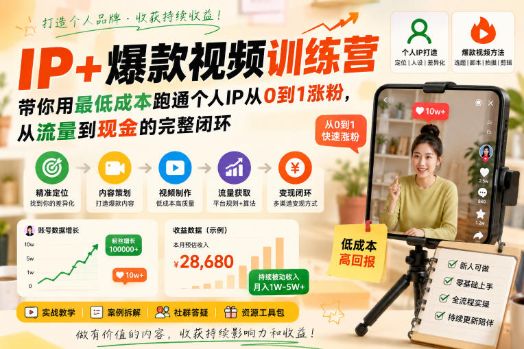 IP+爆款视频训练营，带你用最低成本跑通个人IP从0到1涨粉，从流量到现金的完整闭环-宝藏屋创业网