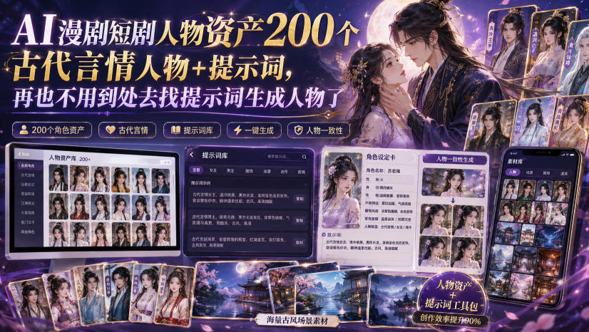 AI漫剧短剧人物资产200个古代言情人物+提示词，再也不用到处去找提示词生成人物了-宝藏屋创业网
