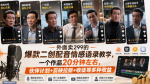 外面卖299的爆款二创配音情感语录教学,一个作品20分钟左右,伙伴计划+剪映拉新+收徒等多种收益-宝藏屋创业网