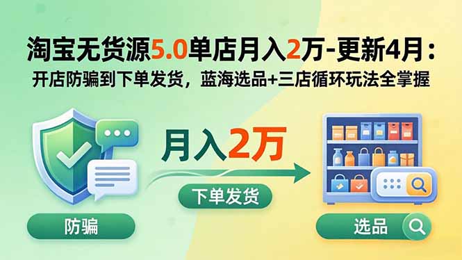 淘宝无货源5.0单店月入2万-更新2026：开店防骗到下单发货，蓝海选品+三店循环玩法全掌握-宝藏屋创业网