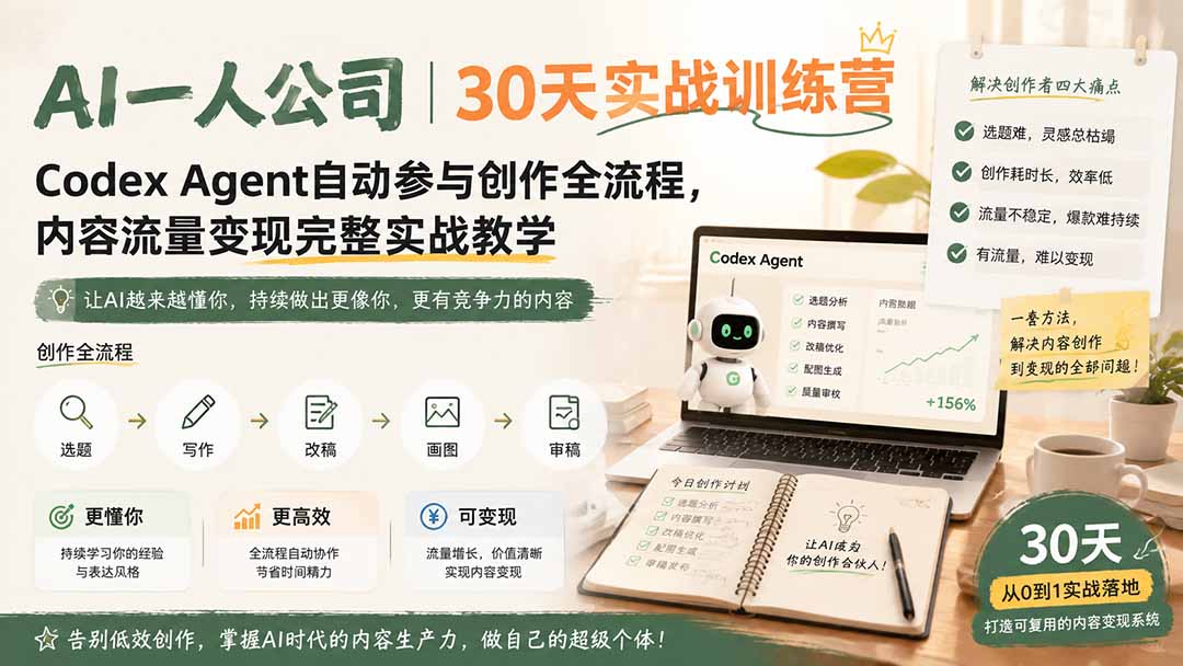 AI一人公司｜30天实战训练营；Codex Agent自动参与创作全流程，内容流量变现完整实战教学-宝藏屋创业网