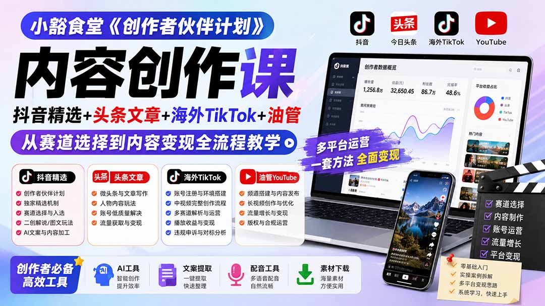 小豁食堂《创作者伙伴计划》内容创作课：抖音精选+头条文章+海外TikTok+油管，从赛道选择到内容变现全流程教学-宝藏屋创业网