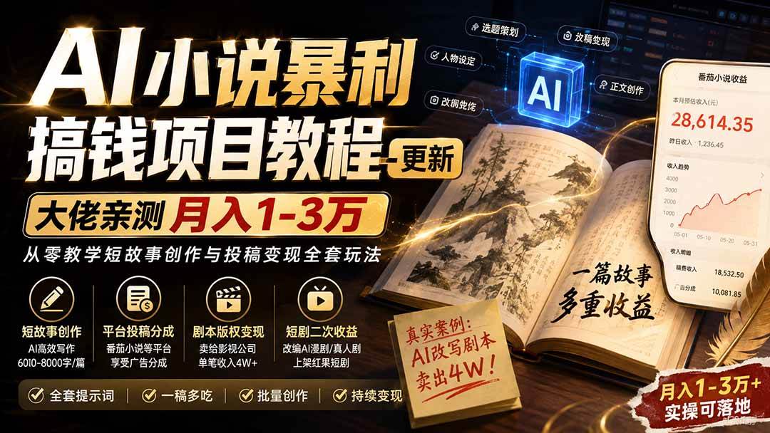 （20044期）AI小说暴利搞钱项目教程-更新，大佬亲测月入1-3万，从零教学短故事创作与投稿变现全套玩法-宝藏屋创业网