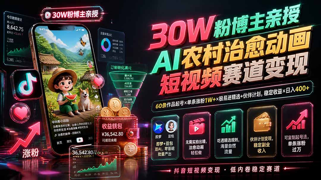 30W粉博主亲授AI农村治愈动画短视频赛道变现：60条作品起号×单条涨粉1W+×极易进精选+伙伴计划，稳定收益×日入400+-宝藏屋创业网