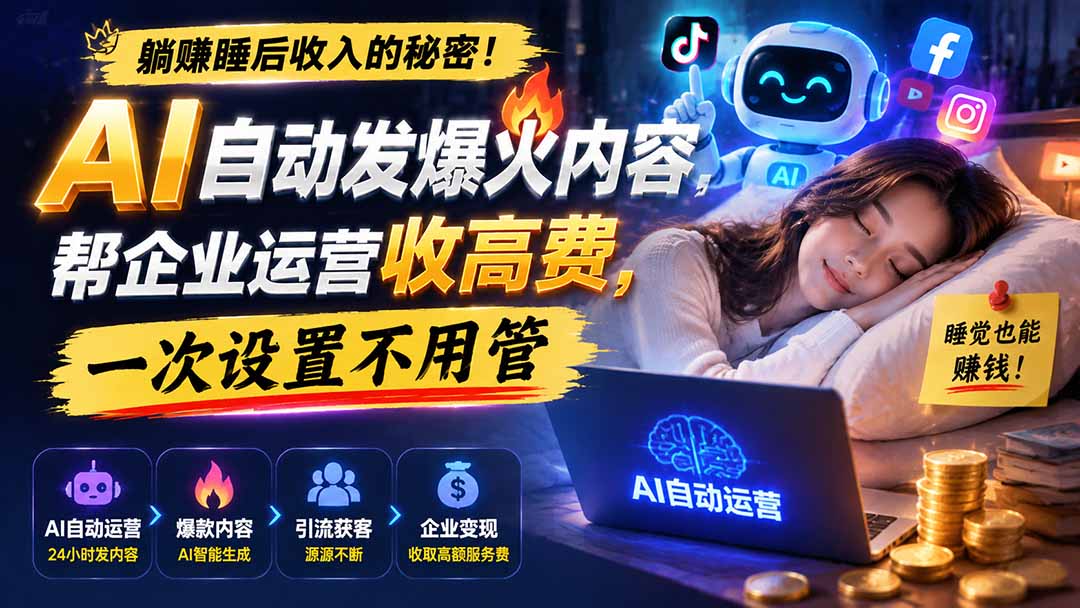 躺赚睡后收入的秘密！AI 自动发爆火内容，帮企业运营收高费，一次设置不用管【原创双语字幕】-宝藏屋创业网