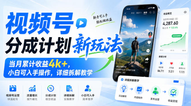 视频号分成计划新玩法，当月累计收益4k+，小白可入手操作，详细拆解教学-宝藏屋创业网