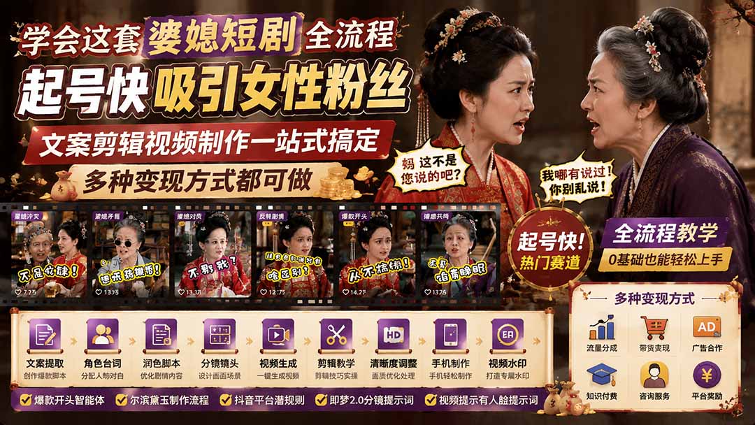 学会这套婆媳短剧全流程：起号快吸引女性粉丝，文案剪辑视频制作一站式搞定，多种变现方式都可做-宝藏屋创业网