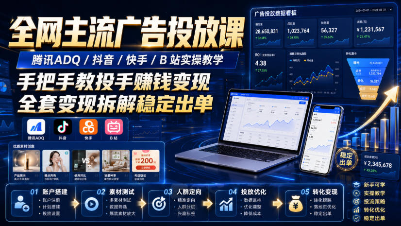 全网主流广告投放课，腾讯ADQ / 抖音 / 快手 / B 站实操教学，手把手教投手赚钱变现，全套变现拆解稳定出单-宝藏屋创业网