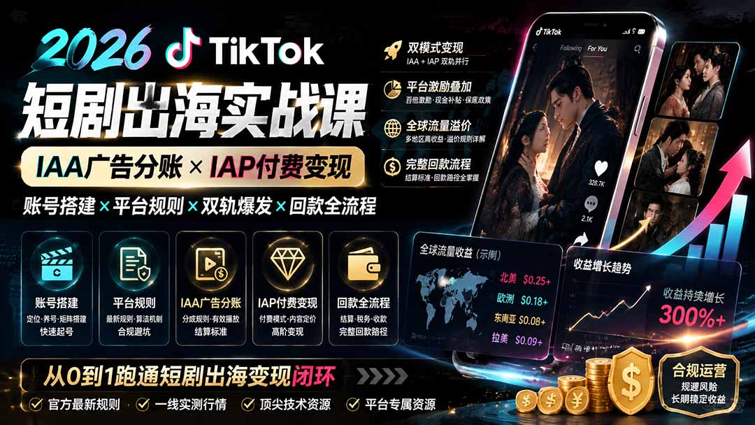 2026TikTok短剧出海实战课：IAA广告分账×IAP付费变现×账号搭建×平台规则×双轨爆发×回款全流程-宝藏屋创业网