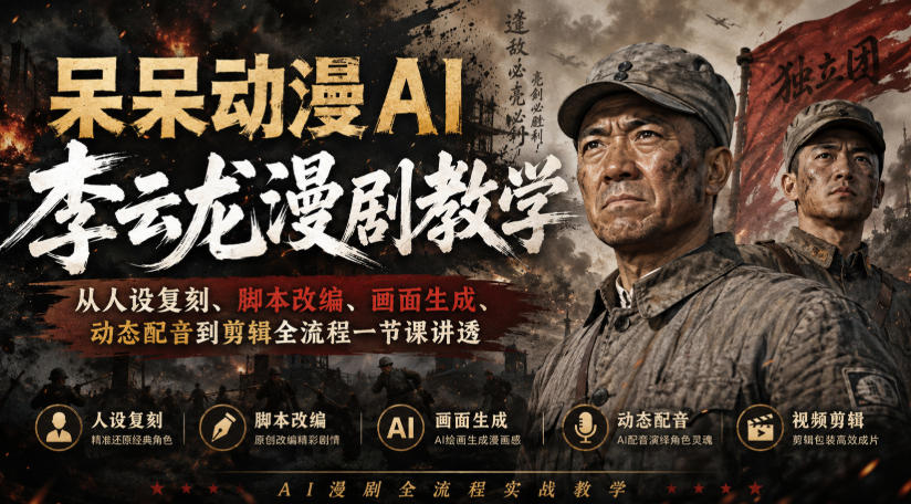 呆呆动漫AI李云龙漫剧教学，从人设复刻、脚本改编、画面生成、动态配音到剪辑全流程一节课讲透-宝藏屋创业网