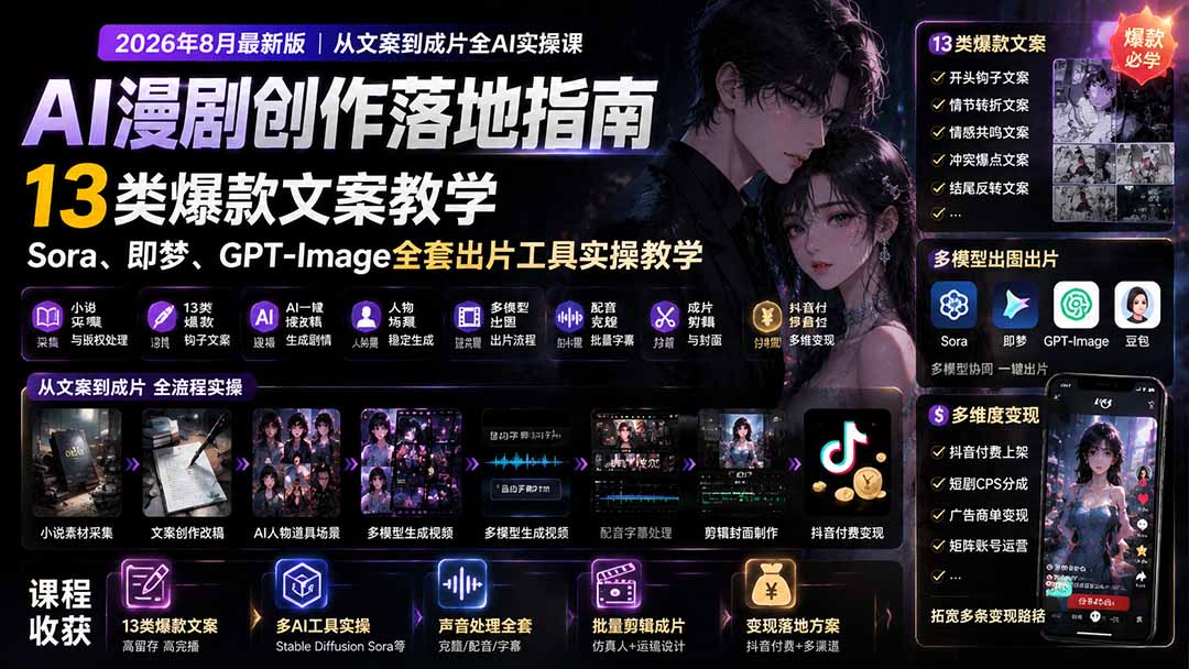 AI漫剧创作落地指南｜13类爆款文案教学，Sora、即梦、GPT-Image全套出片工具实操教学-宝藏屋创业网