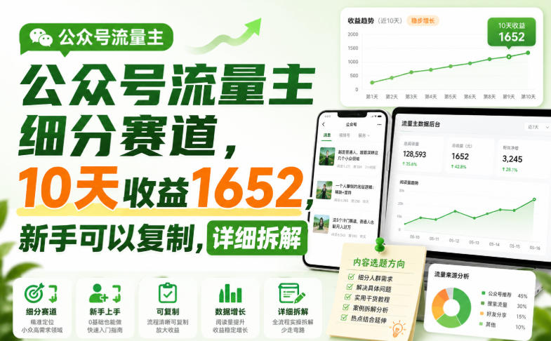 公众号流量主细分赛道，10天收益1652，新手可以复制，详细拆解-宝藏屋创业网