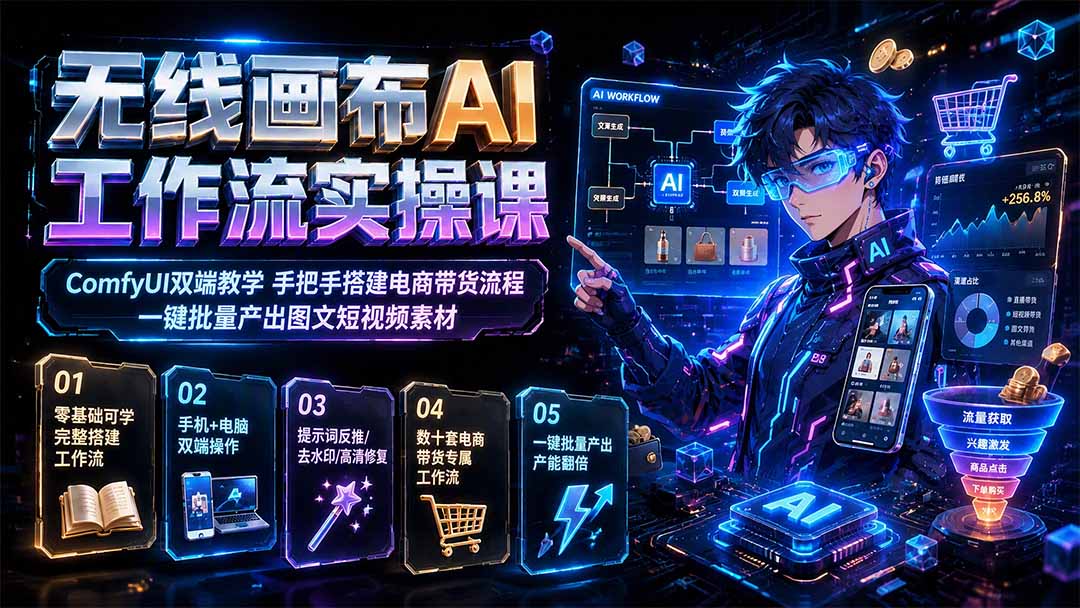 图片[2]-无线画布AI工作流实操课｜ComfyUI双端教学，手把手搭建电商带货流程，一键批量产出图文短视频素材-宝藏屋创业网