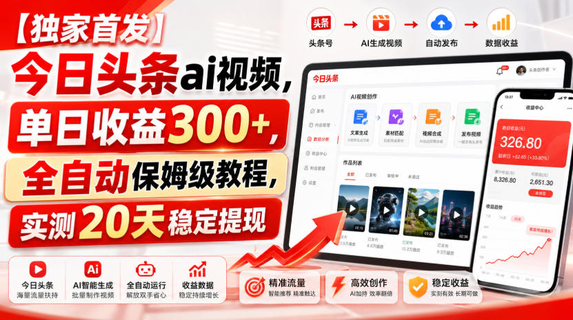 【独家首发】今日头条ai视频，单日收益300+，全自动保姆级教程，实测20天稳定提现【揭秘】-宝藏屋创业网
