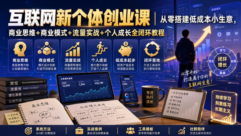 互联网新个体创业课｜从零搭建低成本小生意，商业思维+商业模式+流量实战+个人成长全闭环教程-宝藏屋创业网