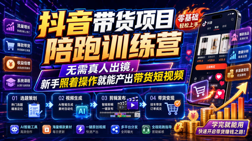抖音带货项目陪跑训练营，无需真人出镜，新手照着操作就能产出带货短视频(更新0811)-宝藏屋创业网