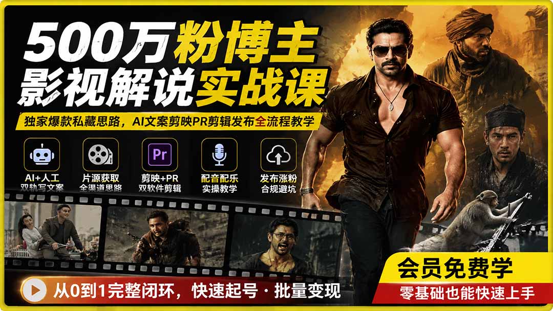 500万粉博主影视解说实战课｜独家爆款私藏思路，AI文案剪映PR剪辑发布全流程教学-宝藏屋创业网