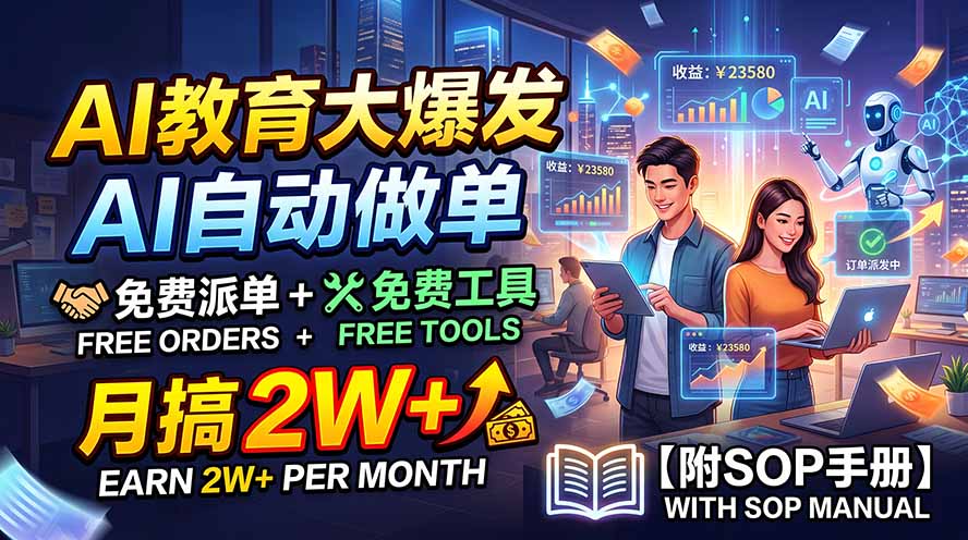 AI教育大爆发，AI自动做单，免费派单+免费工具，月搞2W+【附SOP手册】-宝藏屋创业网