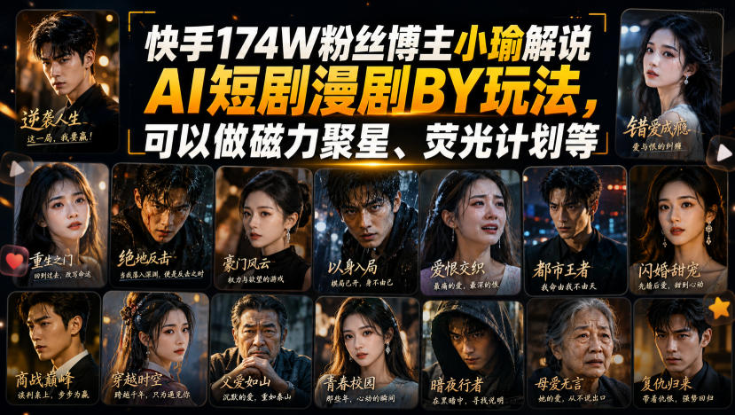 快手174W粉丝博主小瑜解说AI短剧漫剧搬运玩法，可以做磁力聚星、荧光计划等-宝藏屋创业网
