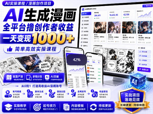 AI生成漫画全平台撸创作者收益内部课程，实操最高单日变现1k+-宝藏屋创业网
