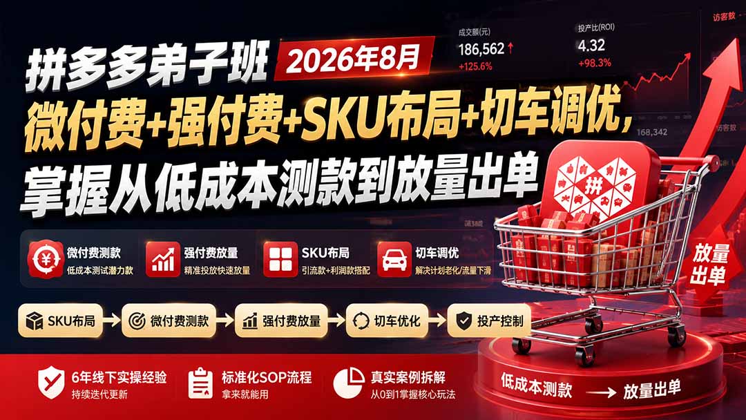 拼多多弟子班2026年8月：微付费+强付费+SKU布局+切车调优，掌握从低成本测款到放量出单-宝藏屋创业网