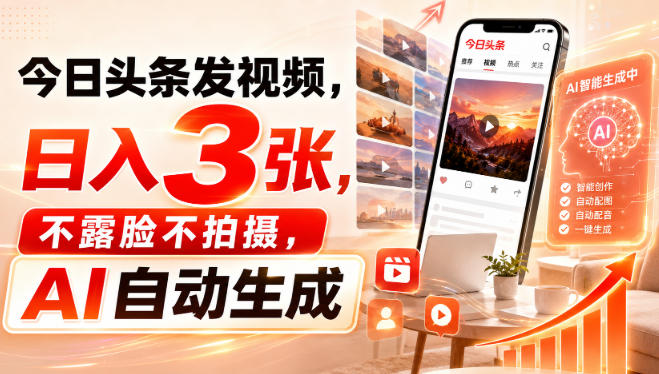 今日头条发视频，日入3张，不露脸不拍摄，AI自动生成-宝藏屋创业网