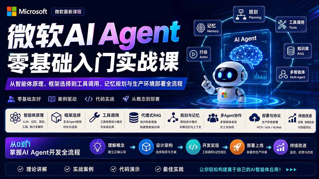 微软AI Agent零基础入门实战课：从智能体原理、框架选择到工具调用、记忆规划与生产环境部署全流程-宝藏屋创业网