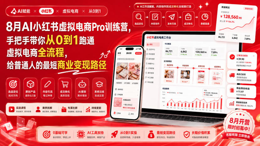 8月AI小红书虚拟电商Pro训练营，手把手带你从0到1跑通虚拟电商全流程，给普通人的最短商业变现路径-宝藏屋创业网