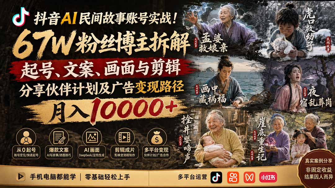 图片[2]-抖音AI民间故事账号实战！67W粉丝博主拆解起号、文案、画面与剪辑，分享伙伴计划及广告变现路径，月入10000+-宝藏屋创业网