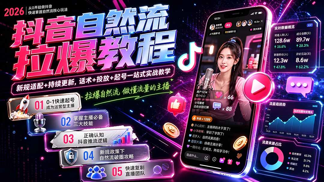 抖音自然流拉爆教程-更新8月：做懂流量的主播，新规适配+持续更新，话术+投放+起号一站式实战教学-宝藏屋创业网