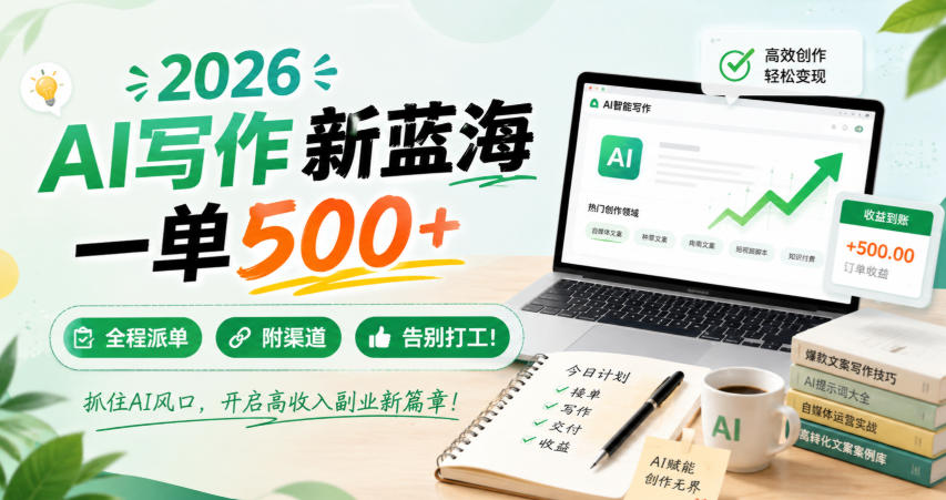 2026 AI写作新蓝海，一单500+，全程派单，附渠道，告别打工！【揭秘】-宝藏屋创业网