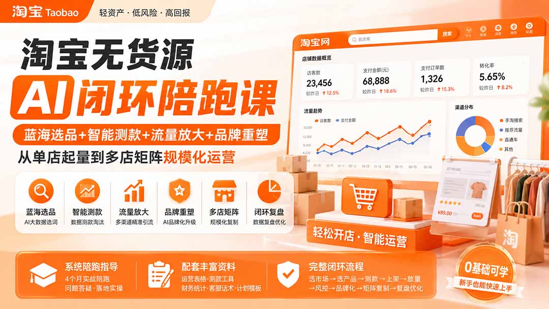 淘宝无货源AI闭环陪跑课：蓝海选品+智能测款+流量放大+品牌重塑，从单店起量到多店矩阵规模化运营-宝藏屋创业网