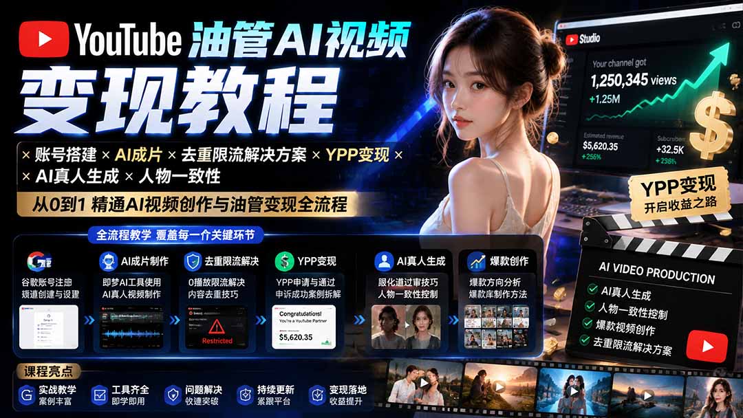 图片[2]-YouTube油管AI视频变现教程：账号搭建×AI成片×去重限流解决方案×YPP变现×AI真人生成×人物一致性-宝藏屋创业网