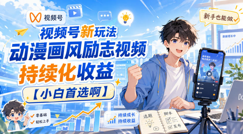 视频号新玩法动漫画风励志视频，持续化收益【小白首选啊】-宝藏屋创业网