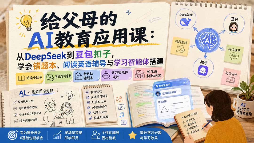 给父母的AI教育应用课：从DeepSeek到豆包扣子，学会错题本、阅读英语辅导与学习智能体搭建-宝藏屋创业网