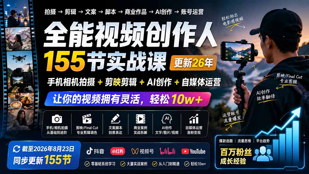 全能视频创作人155节实战课-更新26年8月：手机相机拍摄+剪映剪辑+AI创作+自媒体运营，让你的视频拥有灵活，轻松10w-宝藏屋创业网