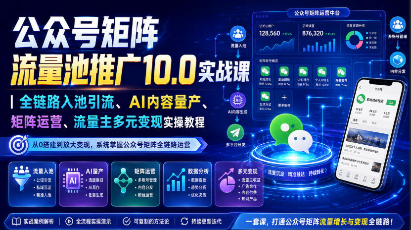 公众号矩阵流量池推广10.0实战课｜全链路入池引流、AI内容量产、矩阵运营、流量主多元变现实操教程-宝藏屋创业网