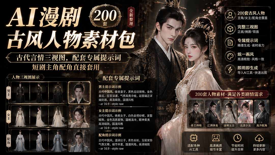 图片[2]-AI漫剧古风人物素材包+提示词｜200 套古代言情三视图，配套专属提示词短剧主角配角直接套用-宝藏屋创业网