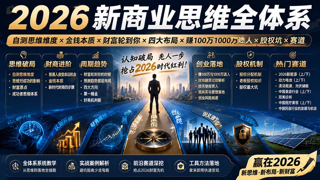 2026新商业思维全体系：自测思维维度×金钱本质×财富轮到你×四大布局×赚100万1000万选人×股权坑×赛道-宝藏屋创业网
