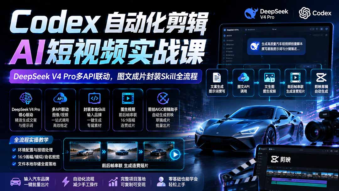 图片[2]-Codex自动化剪辑AI短视频实战课｜DeepSeek V4 Pro多API联动，图文成片封装Skill全流程-宝藏屋创业网