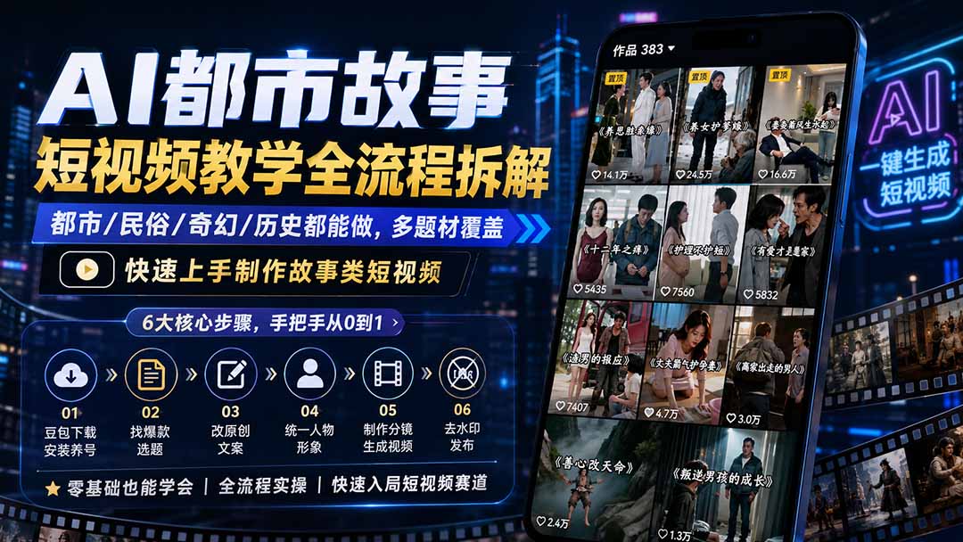 图片[2]-AI都市故事短视频教学全流程拆解；都市/民俗/奇幻/历史都能做多题材覆盖，快速上手制作故事类短视频-宝藏屋创业网
