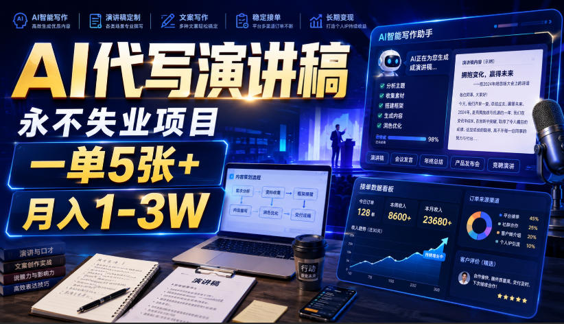 AI代写演讲稿，永不失业项目，一单5张+，月入1-3W【揭秘】-宝藏屋创业网