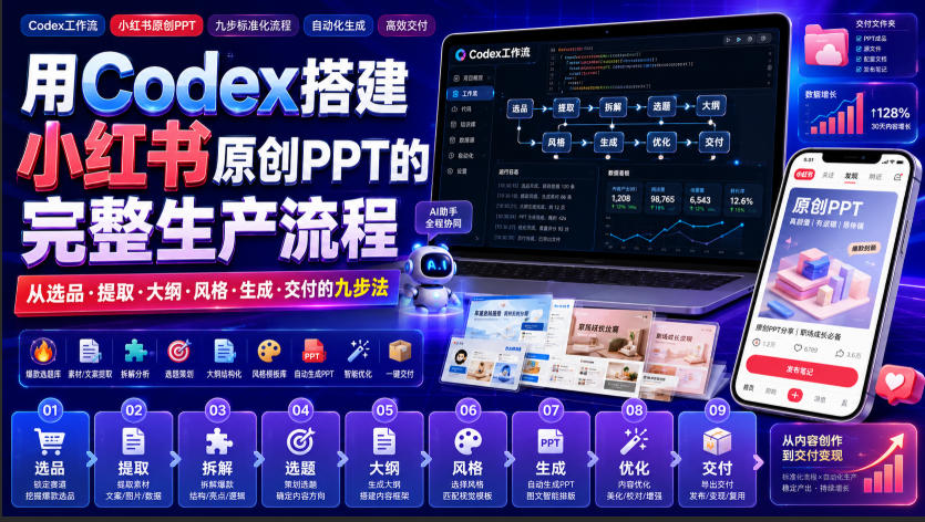 用Codex搭建小红书原创PPT的完整生产流程，从选品·提取·大纲·风格·生成·交付的九步法-宝藏屋创业网