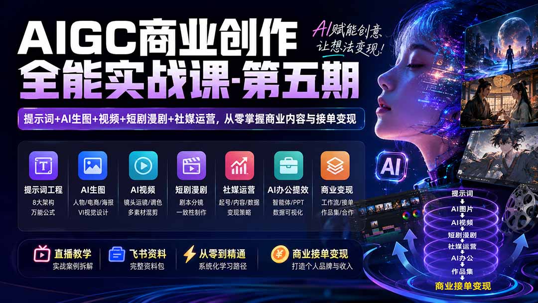 AIGC商业创作全能实战课-第五期：提示词+AI生图+视频+短剧漫剧+社媒运营，从零掌握商业内容与接单变现-宝藏屋创业网