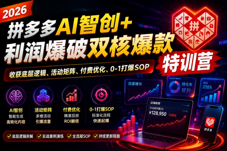 2026拼多多AI智创+利润爆破双核爆款特训营，收获底层逻辑、活动矩阵、付费优化、0-1打爆SOP（更新0810）-宝藏屋创业网