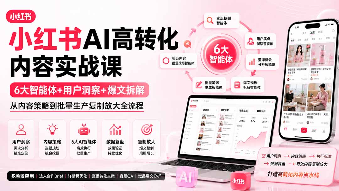 小红书AI高转化内容实战课：6大智能体+用户洞察+爆文拆解，从内容策略到批量生产复制放大全流程-宝藏屋创业网