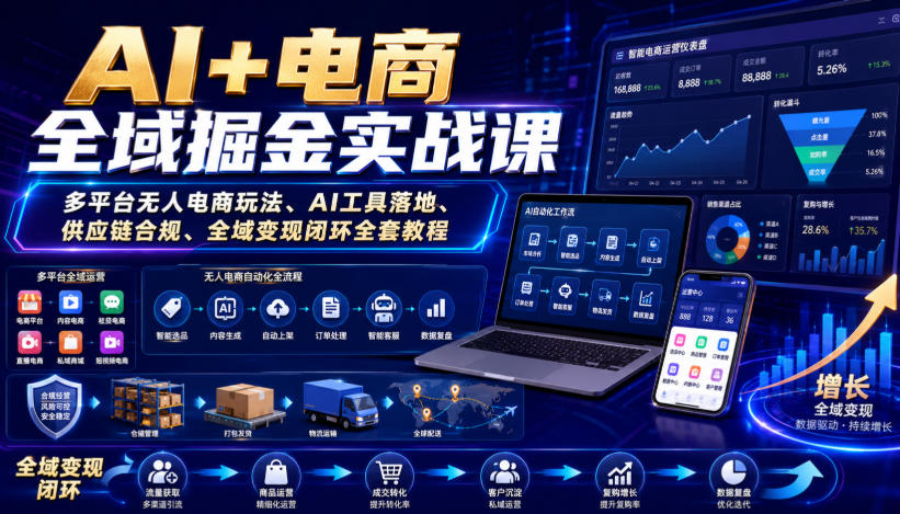 AI+电商全域掘金实战课｜多平台无人电商玩法、AI工具落地、供应链合规、全域变现闭环全套教程-宝藏屋创业网