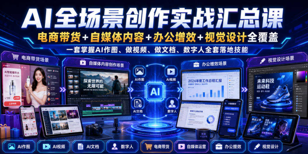 AI全场景创作实战汇总课｜电商带货+自媒体内容+办公增效+视觉设计全覆盖，一套掌握AI作图、做视频、做文档、数字人全套落地技能-宝藏屋创业网
