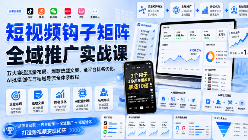 短视频钩子矩阵全域推广实战课｜五大赛道流量布局、爆款选题文案、全平台排名优化、AI批量创作与私域导流全体系教程-宝藏屋创业网