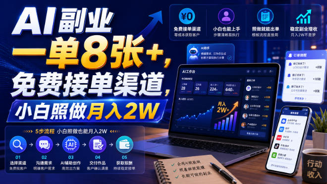 AI副业一单8张+，免费接单渠道，小白照做月入2W【揭秘】-宝藏屋创业网